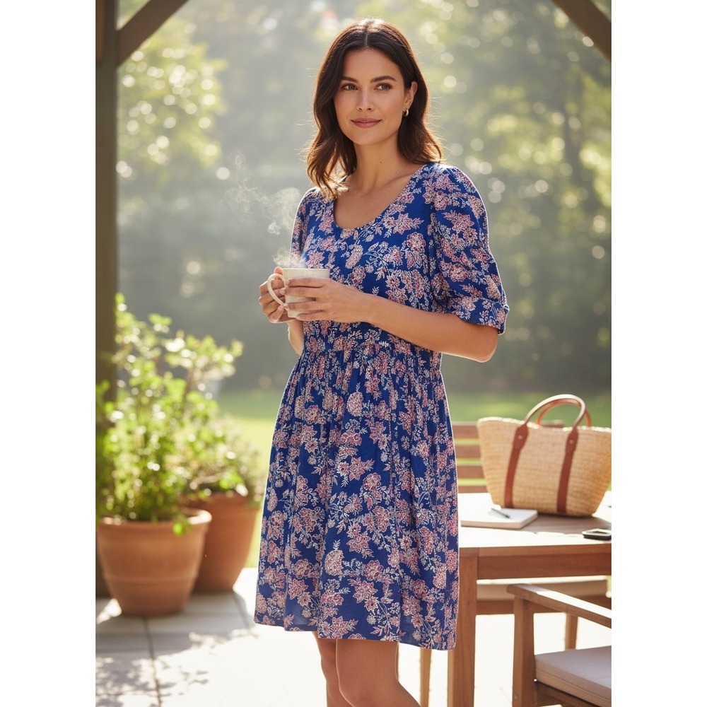 Loft Floral Puff Sleeve Dress Women Medium Blue Knee Length